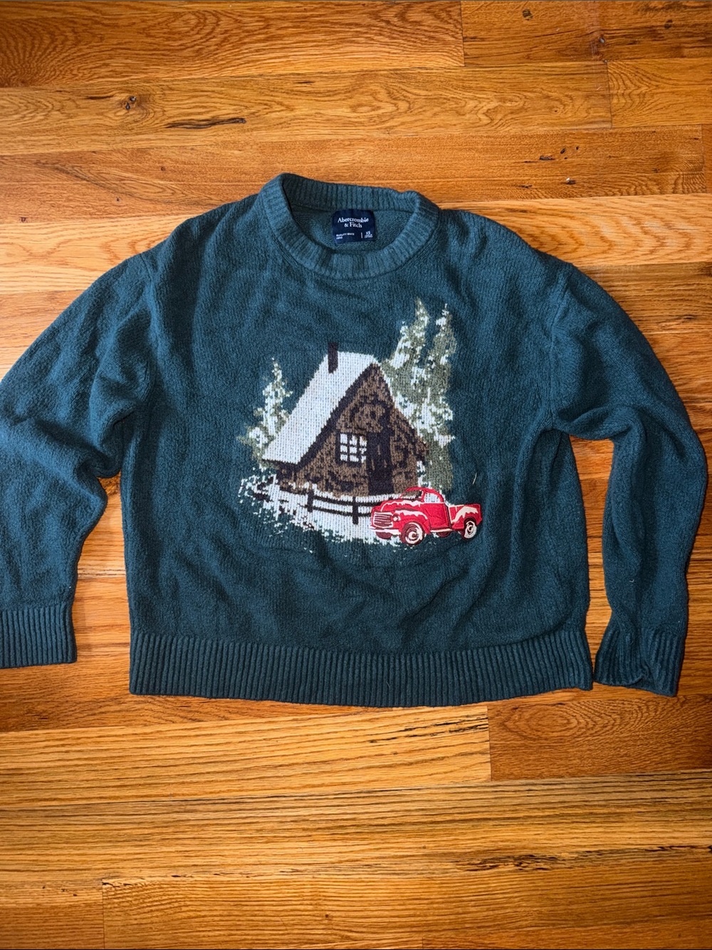 Abercrombie & Fitch Forest Green Cabin Crewneck Sweater with Red Truck